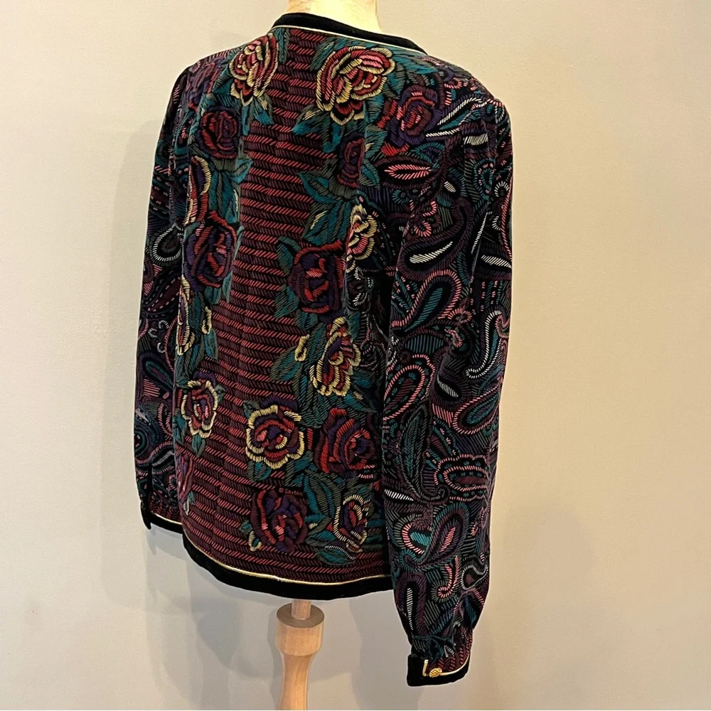 Vintage Japan Velvet Artsy Floral Blazer Jacket Gold Button Roses Sz 10 Black - Picture 2 of 12